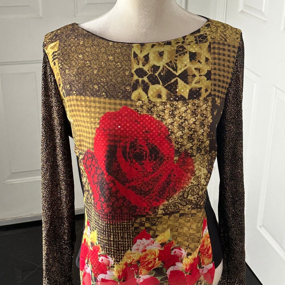 Vintage 90s John Roberts Sequin Disco Top Large Abstract Rose Metallic Party